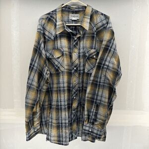 Haband 2XL Men's Long Sleeve Pearl Snap Black Yellow Plaid Chambray Western